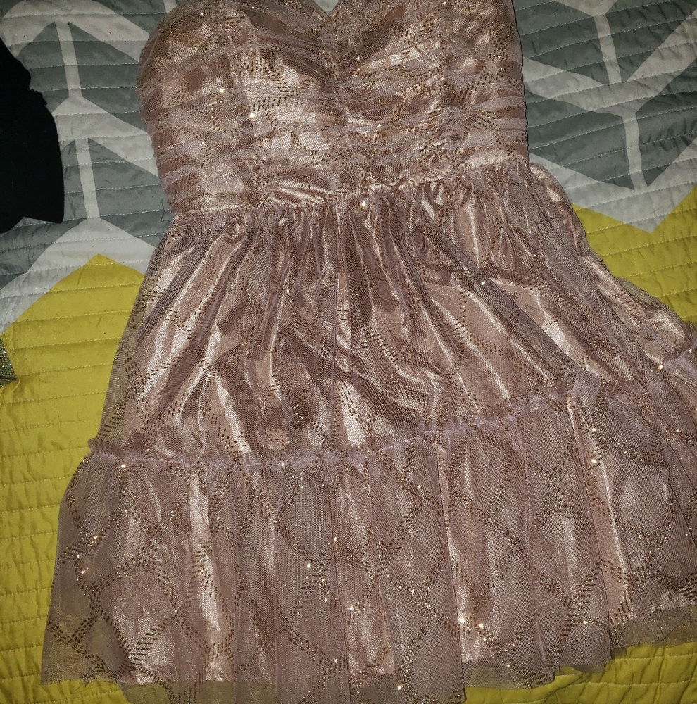 Beautiful gold tan sparkle party dress lace mesh